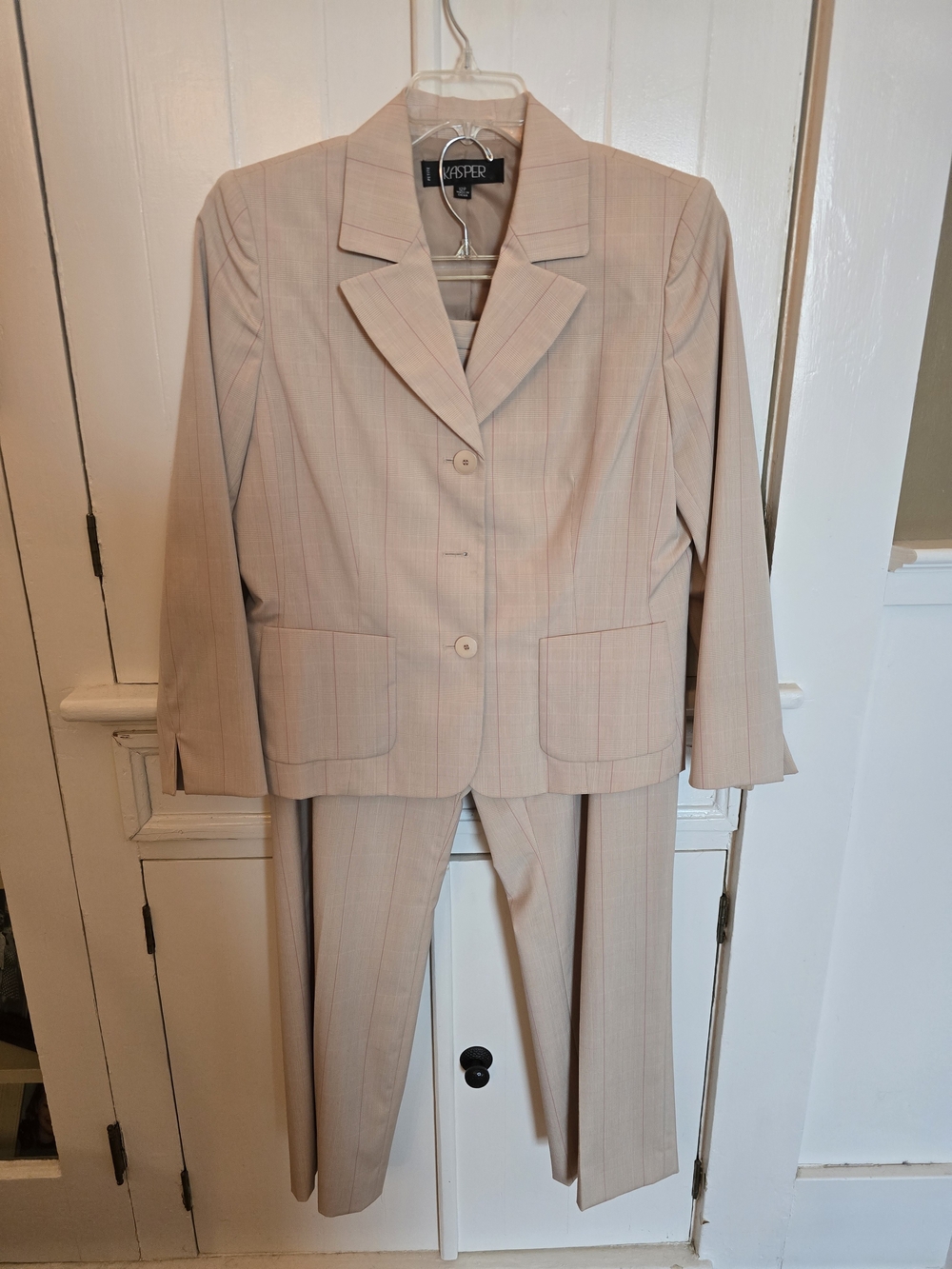 Kasper Beige Pinstripe Women's Pant Suit - Two-Piece Jacket & Trousers